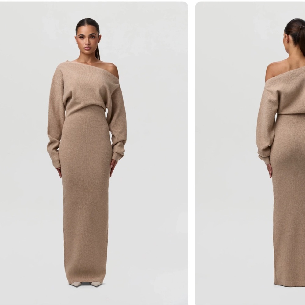 Elegant Tan Off-Shoulder Maxi Dress